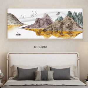 תמונת זכוכית פנורמית לחדר שינה אגם בין הרים