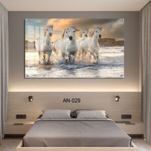 תמונת זכוכית לחדר שינה של סוסים לבנים
