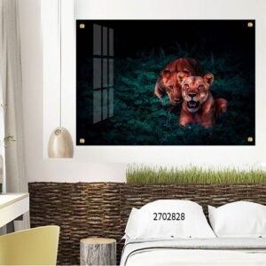 תמונת זכוכית לחדר שינה של זוג אריות בשדה