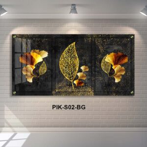 תמונת זכוכית לסלון של עלים מזהב ברקע שחור