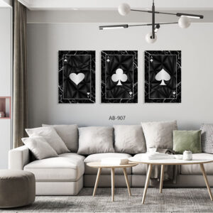 תמונות זכוכית לסלון בחלקים של שלישיית אסים רקע שחור שיש