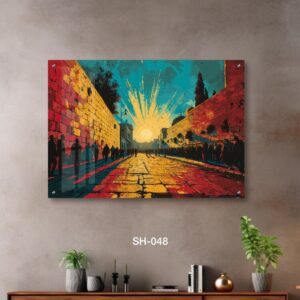 תמונת זכוכית לסלון של רחוב ישן מצויר ושקיעה