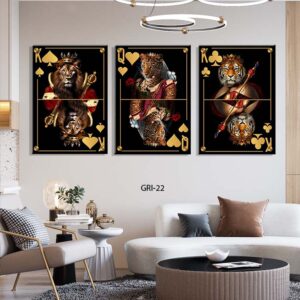 שלישיית תמונות זכוכית לסלון של קלפים עם אריות
