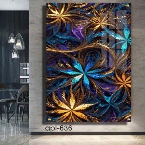 תמונה מזכוכית לסלון פרחים בגווני סגול כחול וזהב