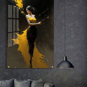 תמונת זכוכית לחדר השינה רקדנית בצהוב ושחור