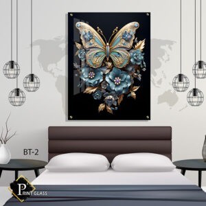 תמונה לחדר שינה של פרפר זהב עם פרחים כחולים