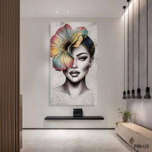 תמונה ללובי בניין של דיוקן אישה עם פרח צבעוני עלהפנים