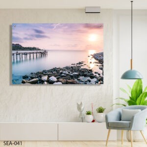 תמונה לסלון של מזח עץ מעלים רגוע בשקיעה