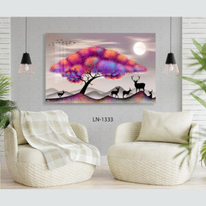 תמונה לסלון של עץ צבעוני עם עלים וצבאים בנוף הררי